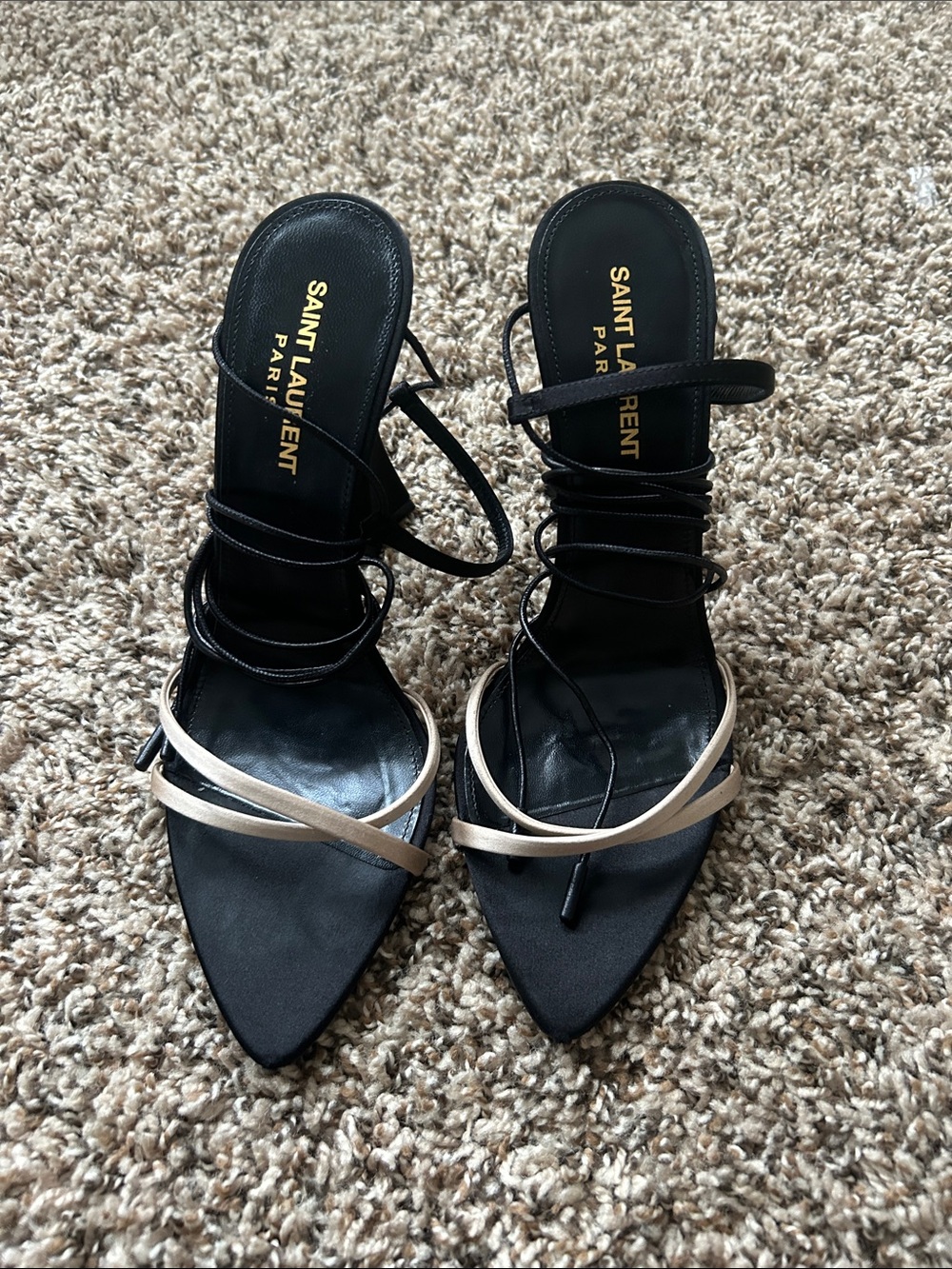 Saint Laurent Black and Beige Strappy Pointed-Toe Heels